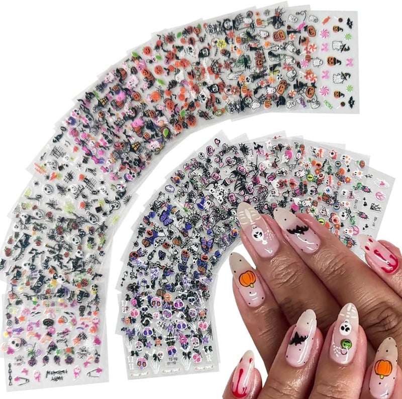 SPLOCUDU 30 Sheet Halloween Nail Art Stickers Decals Cute Ghost Pumpkin Design Spider Web Scary Eyes Acrylic Nails Supplies for Women Manicure Decorations - Image 1
